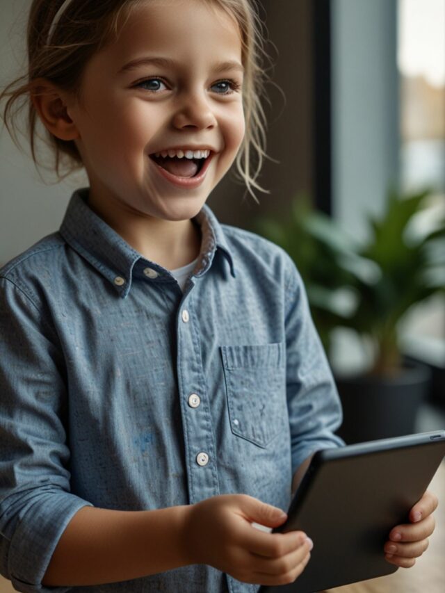Criança animada brincando com um tablet